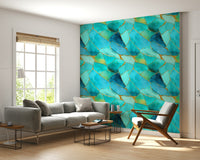 Designer tiling aesthetic Aqua Gold Marble Mosaic Wallpaper installed above a fireplace.