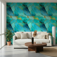 Sparkling geometric design Aqua Gold Marble Mosaic Wallpaper used in a dining nook.