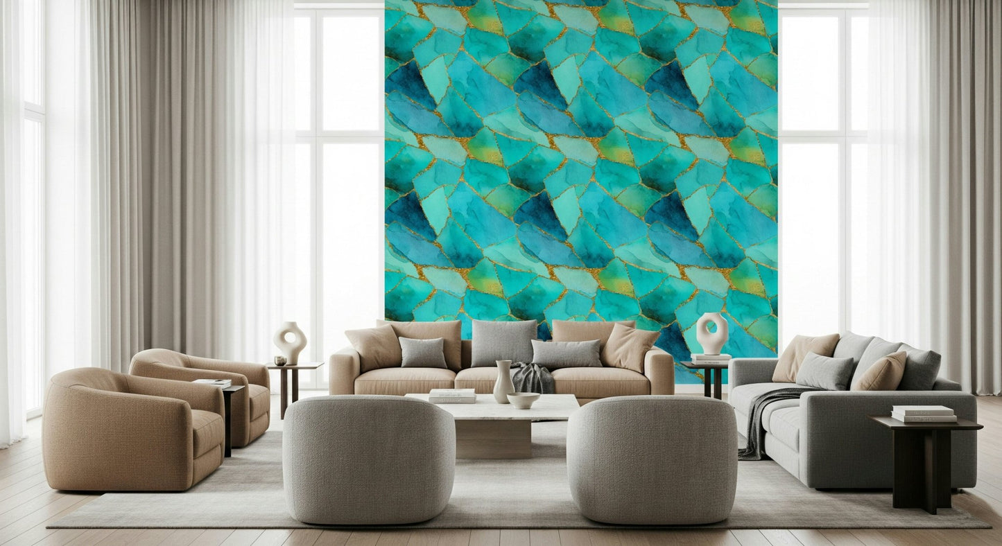 Elegant gold-veined mosaic Aqua Gold Marble Mosaic Wallpaper framing a display shelf.