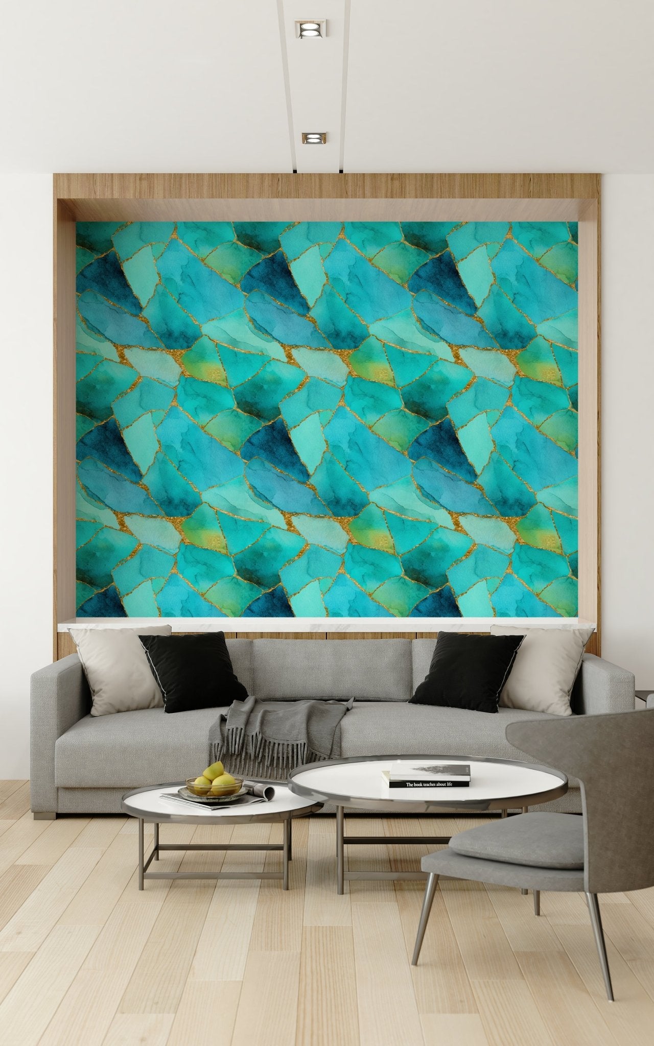Abstract aqua and gold mosaic Aqua Gold Marble Mosaic Wallpaper kitchen backsplash area.