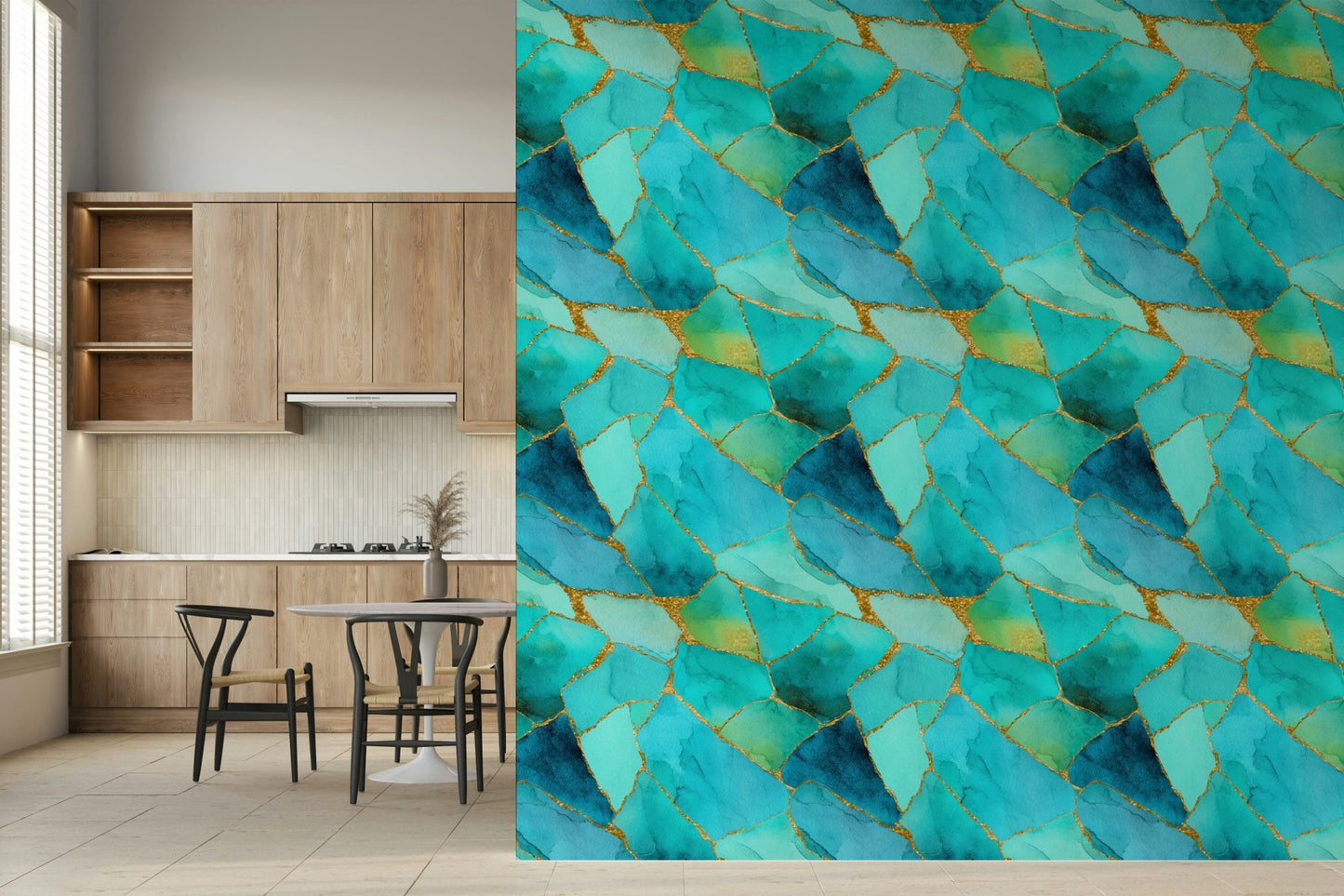 Flowing aqua marble segments Aqua Gold Marble Mosaic Wallpaper adorning a hallway.
