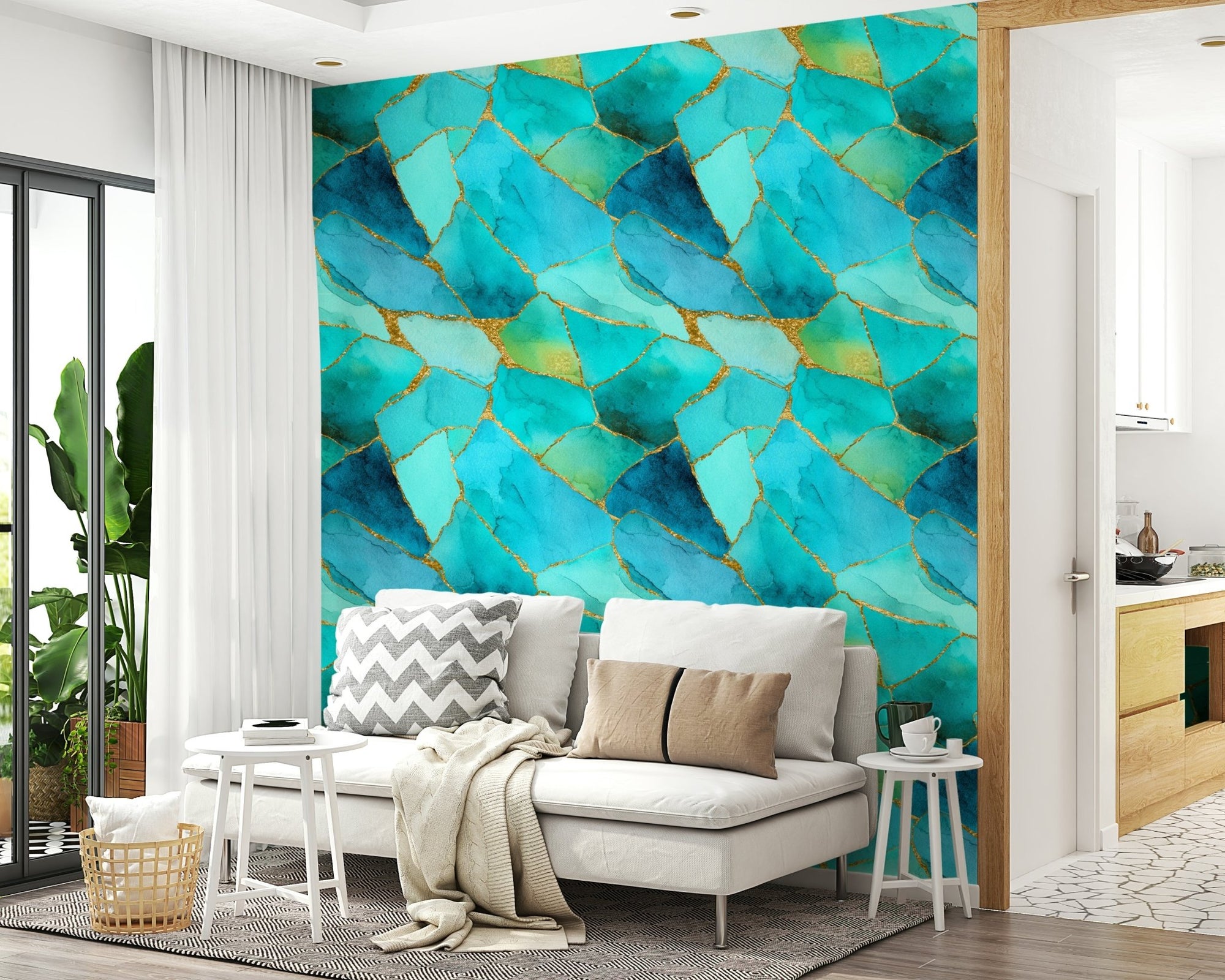 Aqua Gold Marble Mosaic Wallpaper geometric pattern living room accent., GD6251