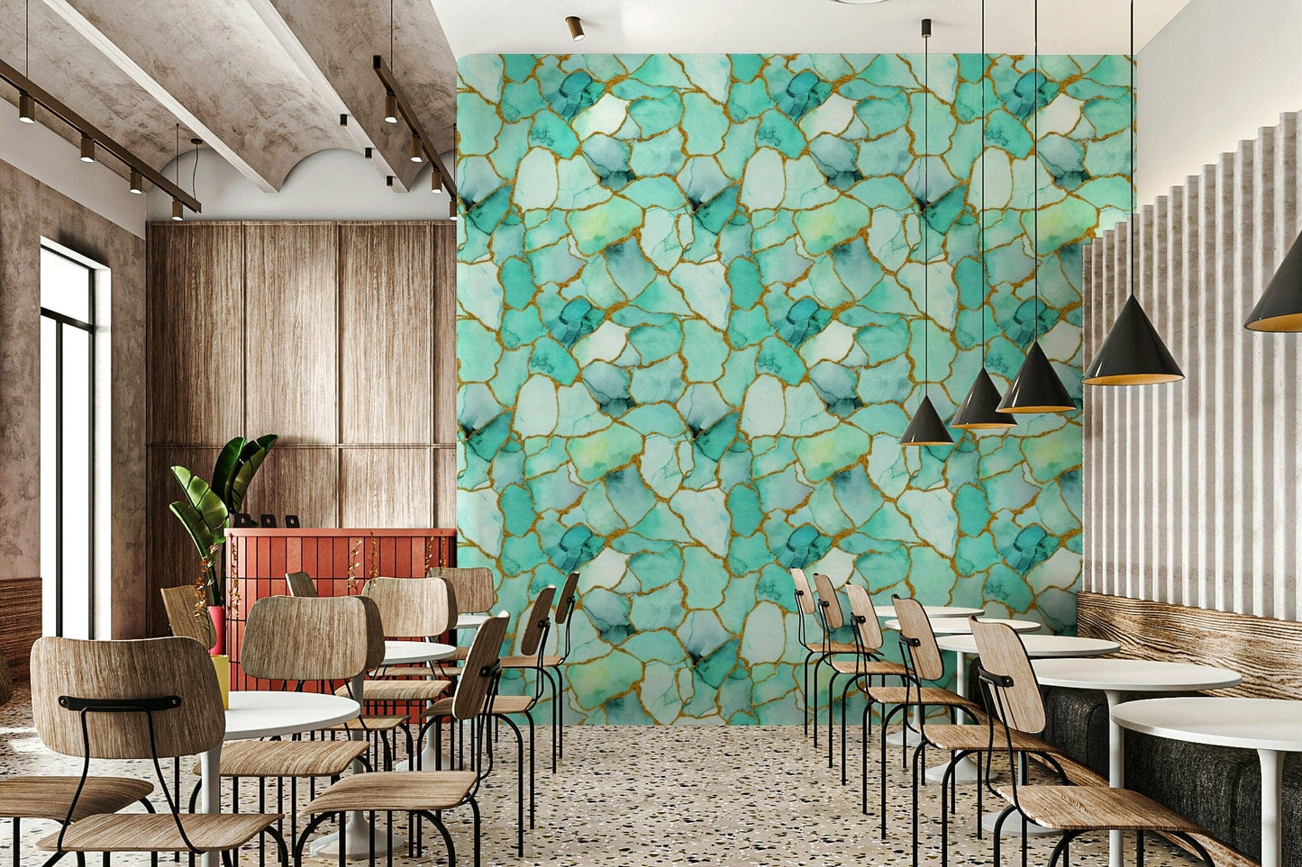 Flowing aqua and gold veins Aqua Gold Marble Wallpaper accenting a hallway.