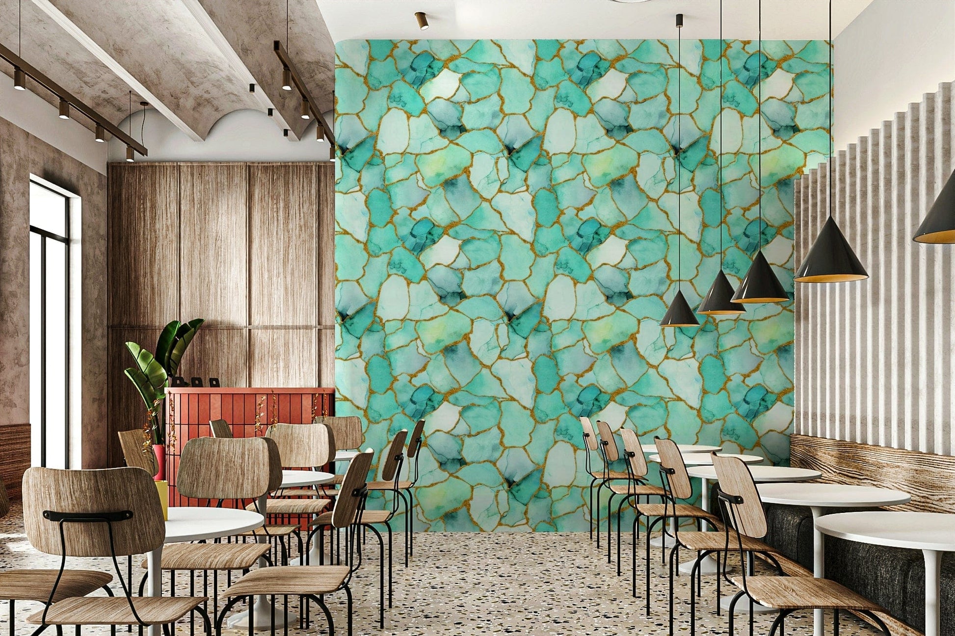 Flowing aqua and gold veins Aqua Gold Marble Wallpaper accenting a hallway.