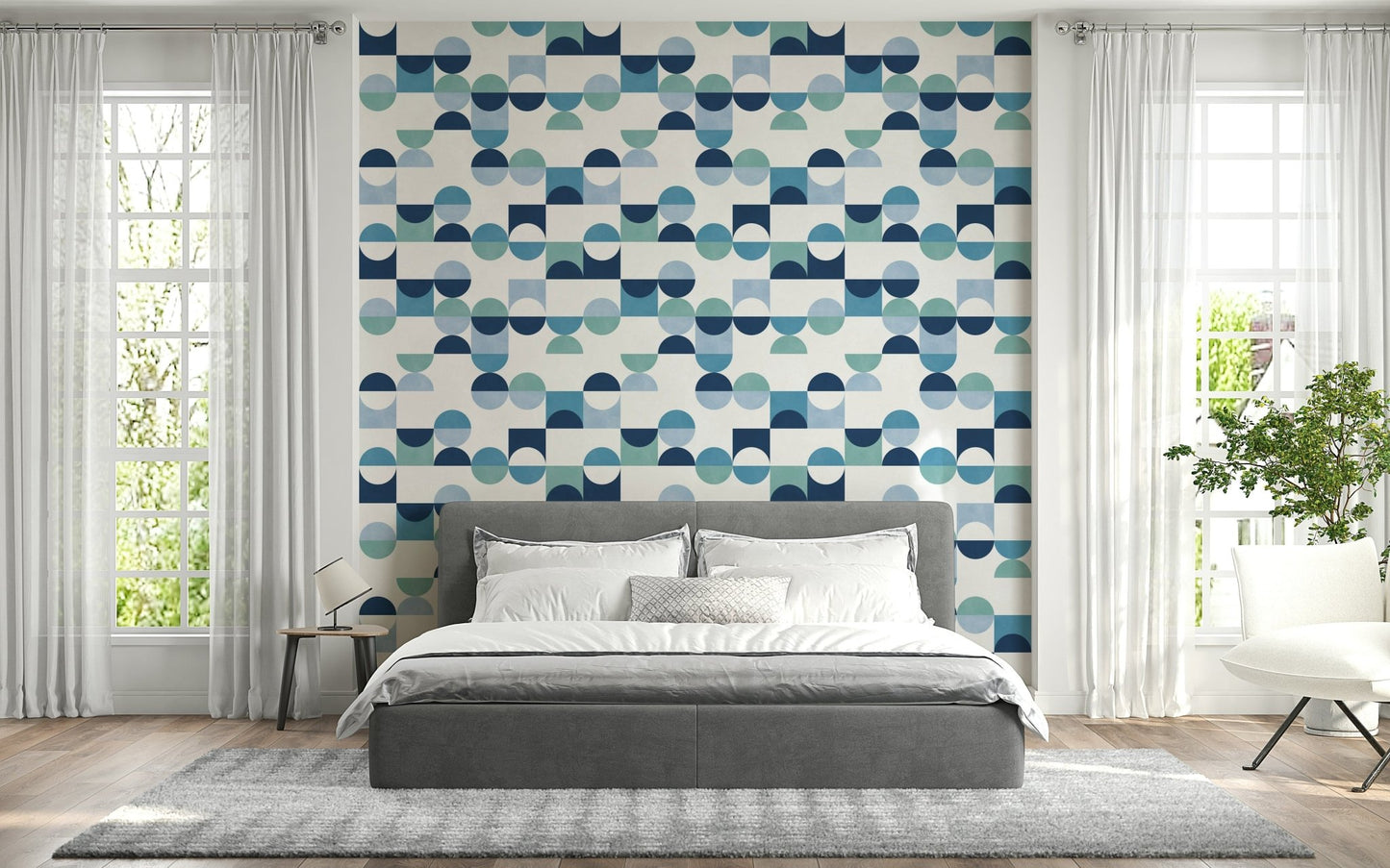 Abstract Aqua Harmony peel and stick wallpaper segmented shapes wall.