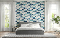 Abstract Aqua Harmony peel and stick wallpaper segmented shapes wall.