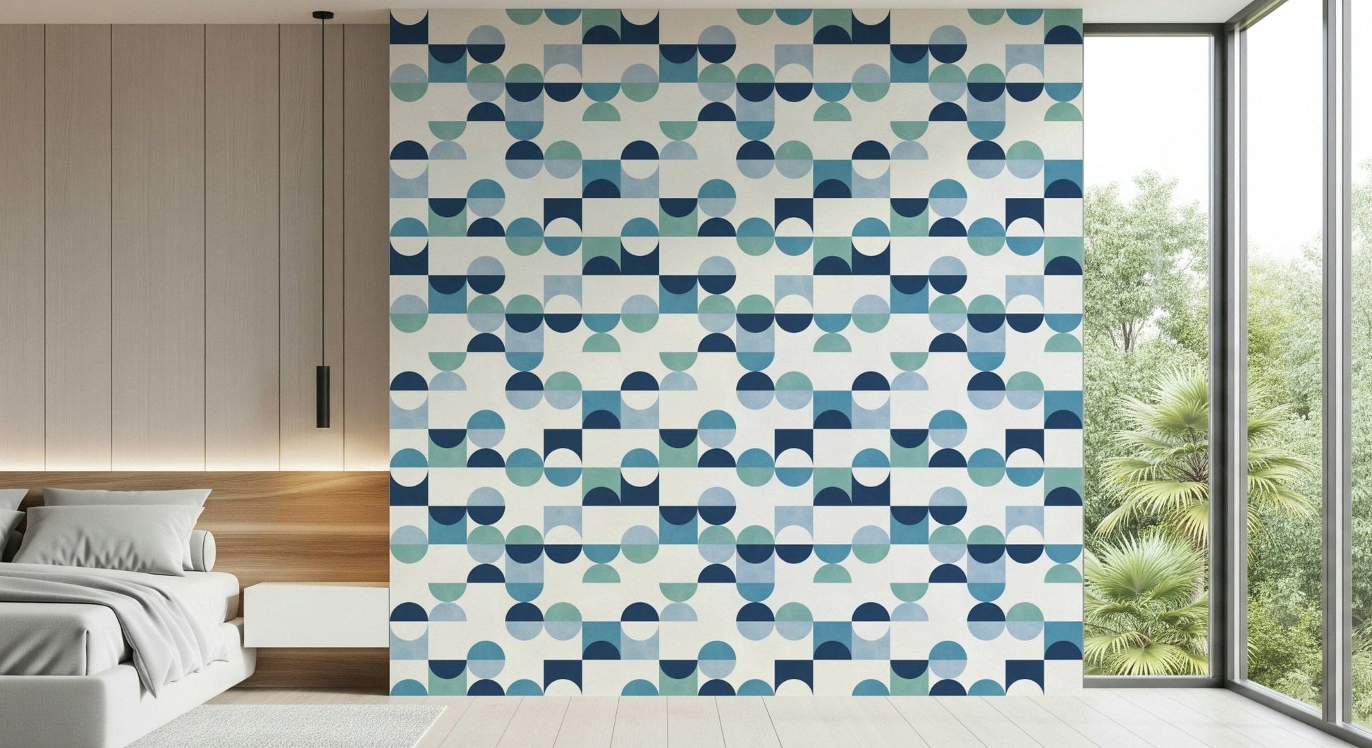 Wallpaper mural Aqua Harmony cool tones interlocking pattern feature.