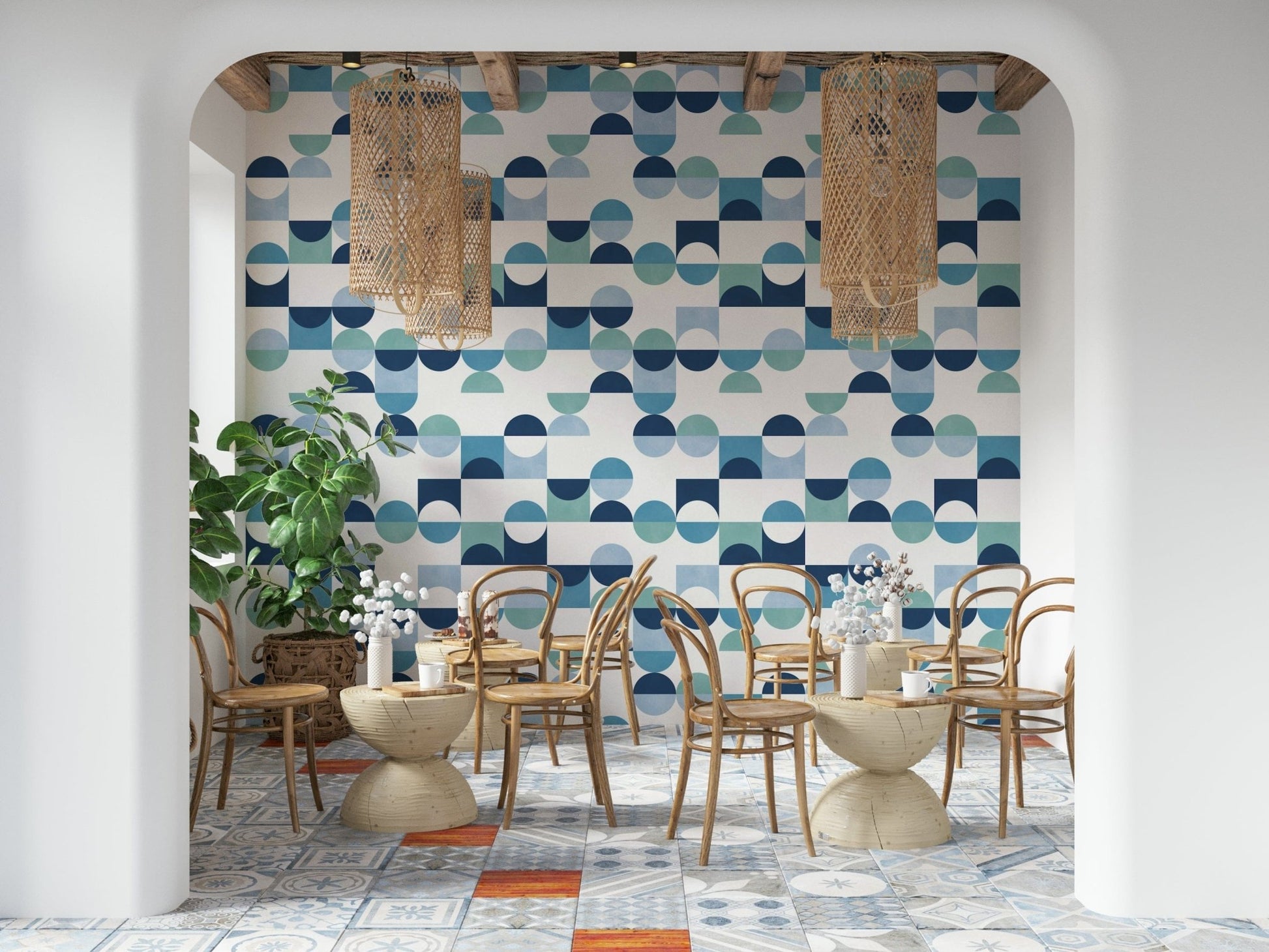 Stylish Aqua Harmony peel and stick wallpaper mid-century marine pattern.