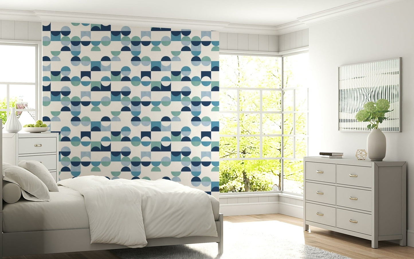 Geometric Aqua Harmony wallpaper for walls cheerful circle square print.