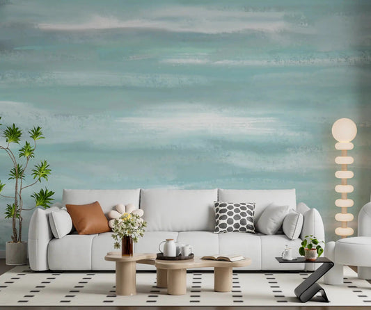 Aqua brushstrokes drift across a living room behind Aqua Horizon Strokes wall mural.GD9537
