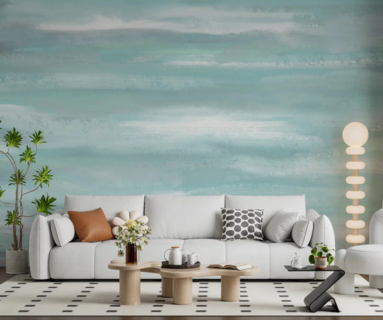Aqua brushstrokes drift across a living room behind Aqua Horizon Strokes wall mural.GD9537