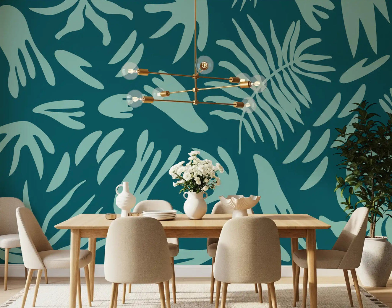 Aqua Leaf Abstract Wall Mural adding teal leaf style to a dining roomGD9161
