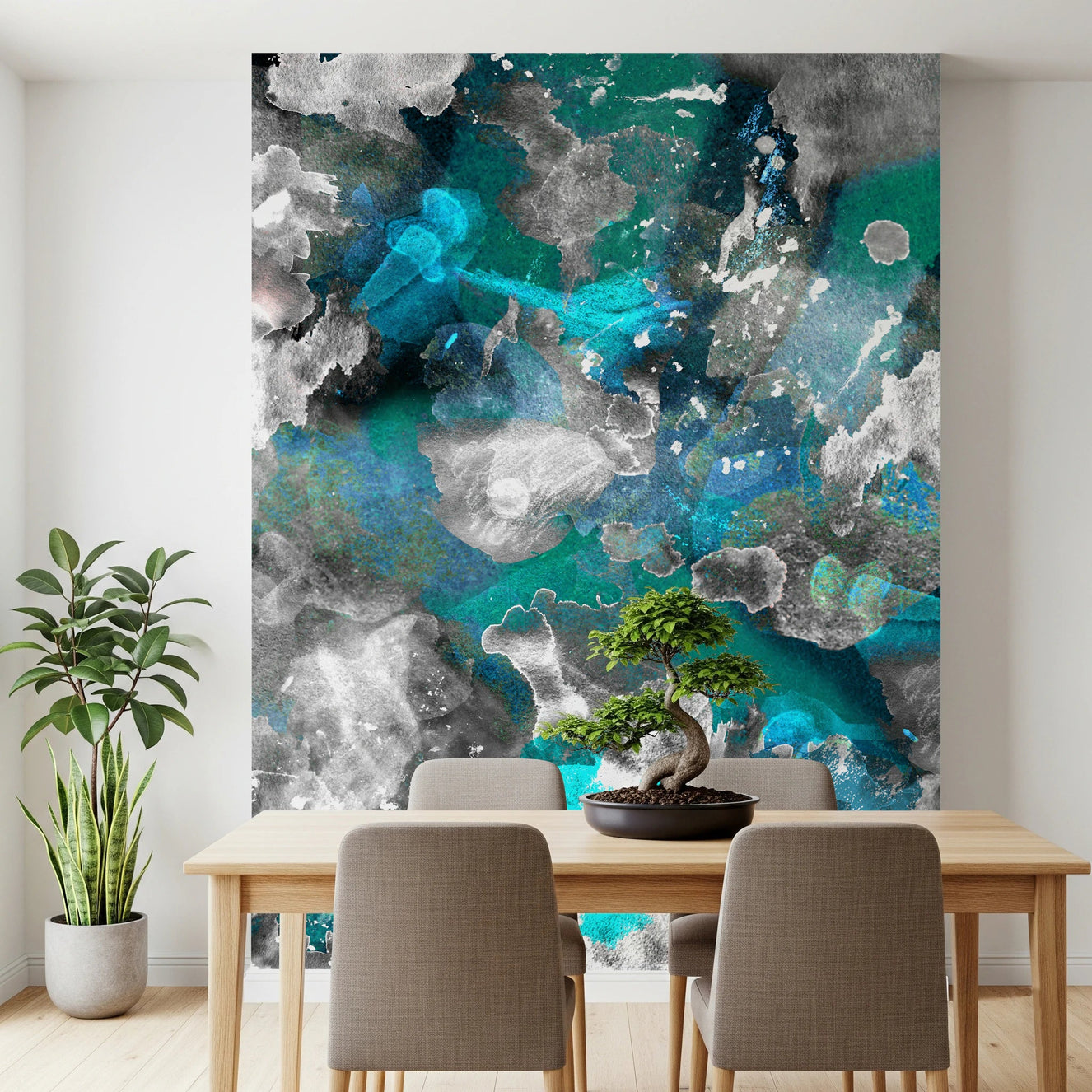 Bold Aqua Mundi wall mural with abstract colour fields in aqua and grey