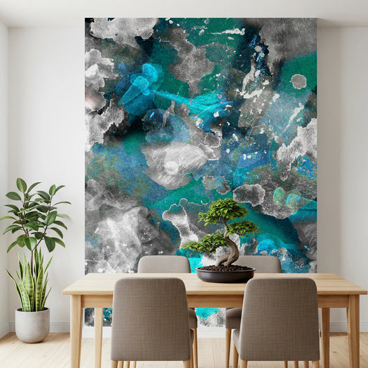 Bold Aqua Mundi wall mural with abstract colour fields in aqua and grey