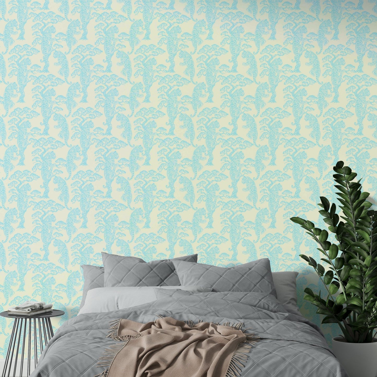 A graceful subtle tiger wall mural in cool, aqua tones., GD4825