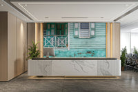 Vintage window facade mural in aqua color

