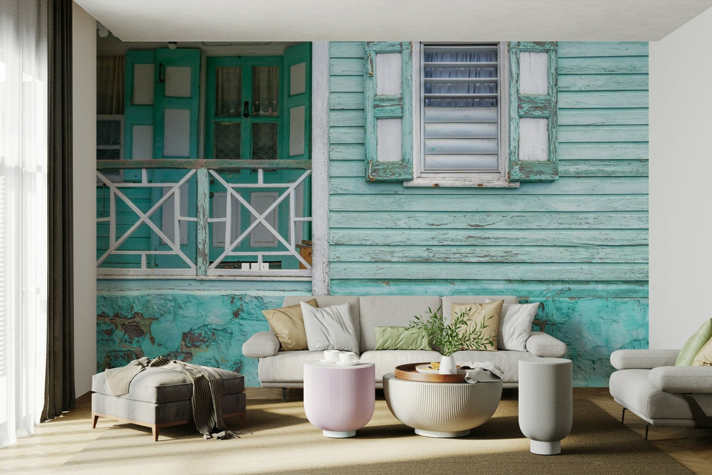 Aqua-colored mural of retro building exterior

