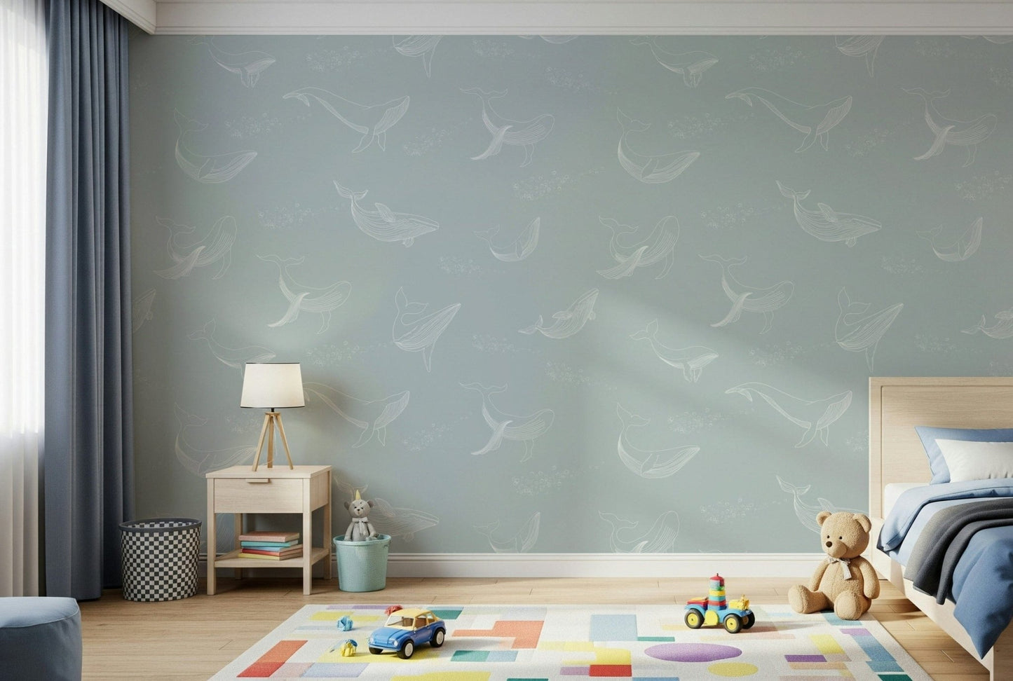 Aqua Whale Dreams wall mural showcasing marine life in a home office.
