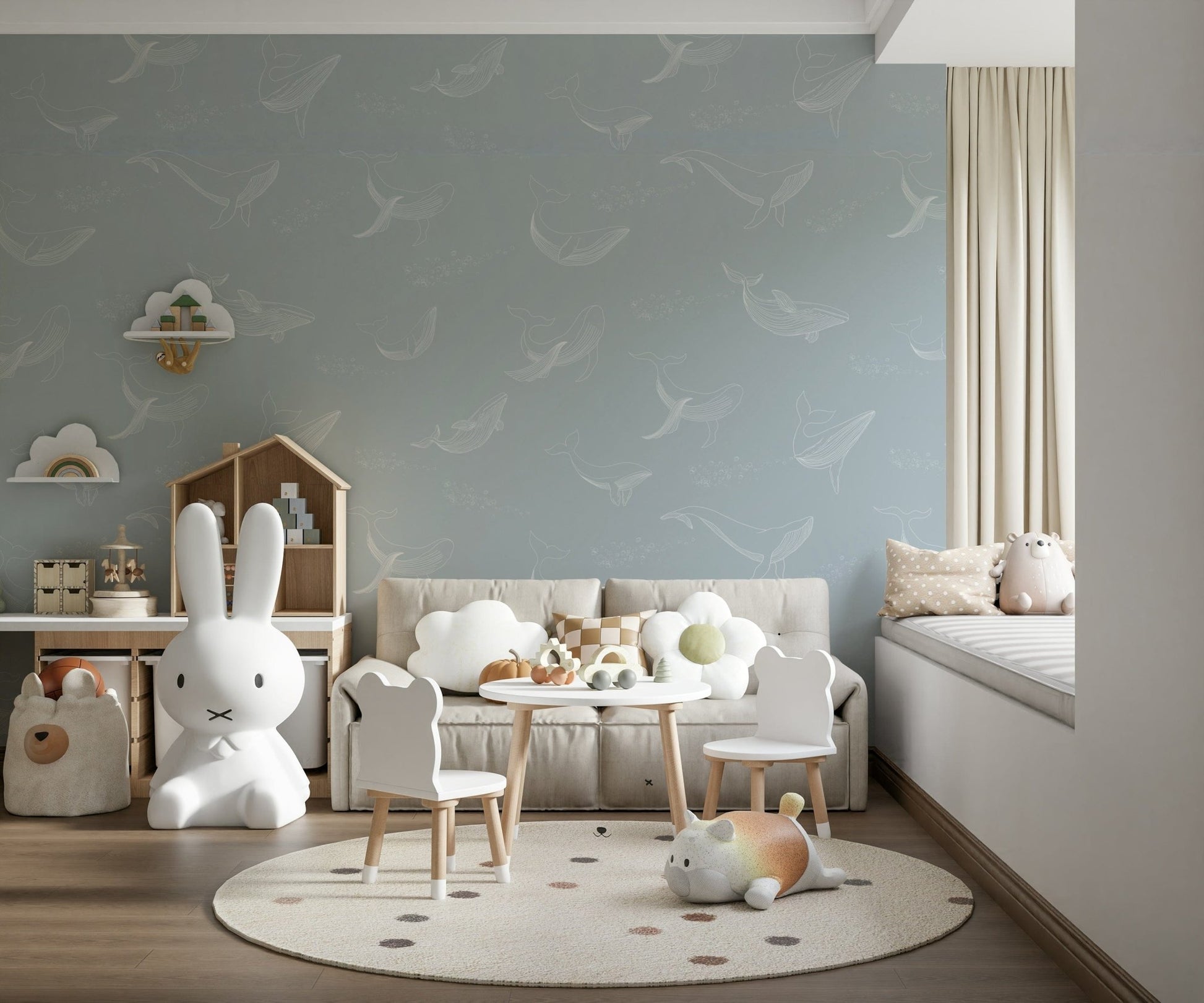 Large scale Aqua Whale Dreams wall mural in a bright dining area.
