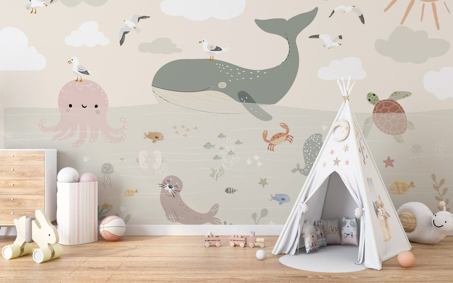 Marine life wallpaper for children’s rooms
