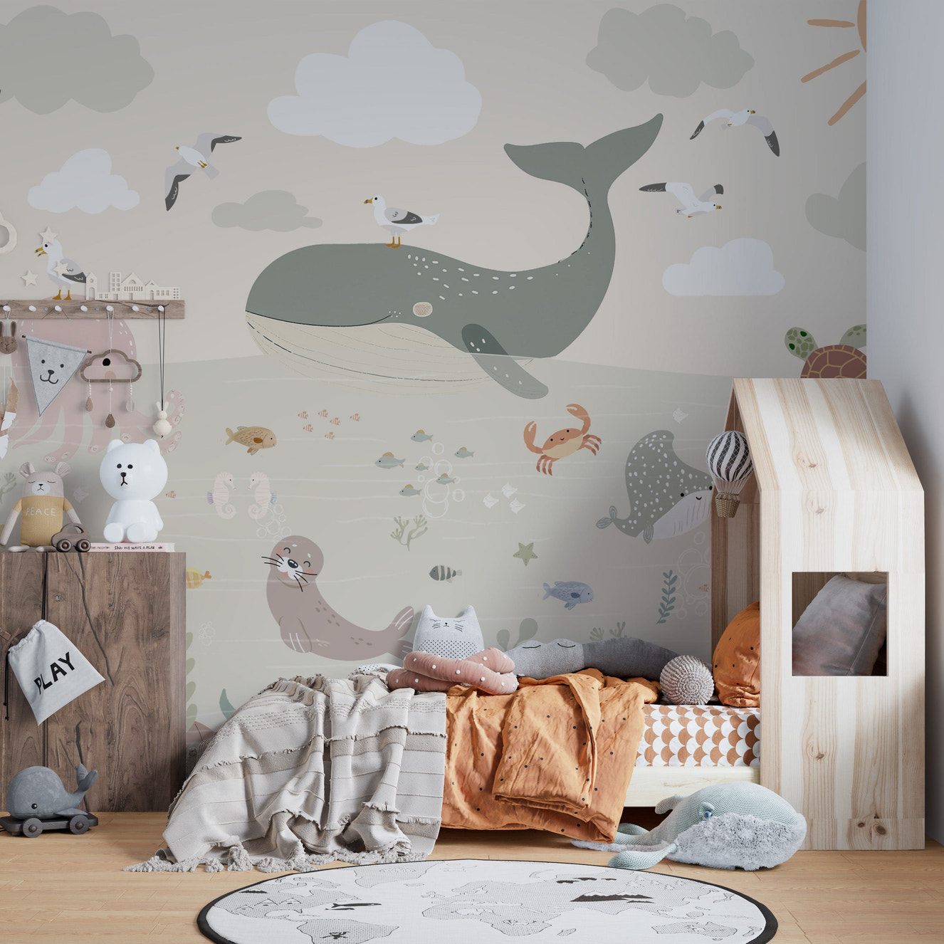 Cute sea creatures nursery wallpaper
