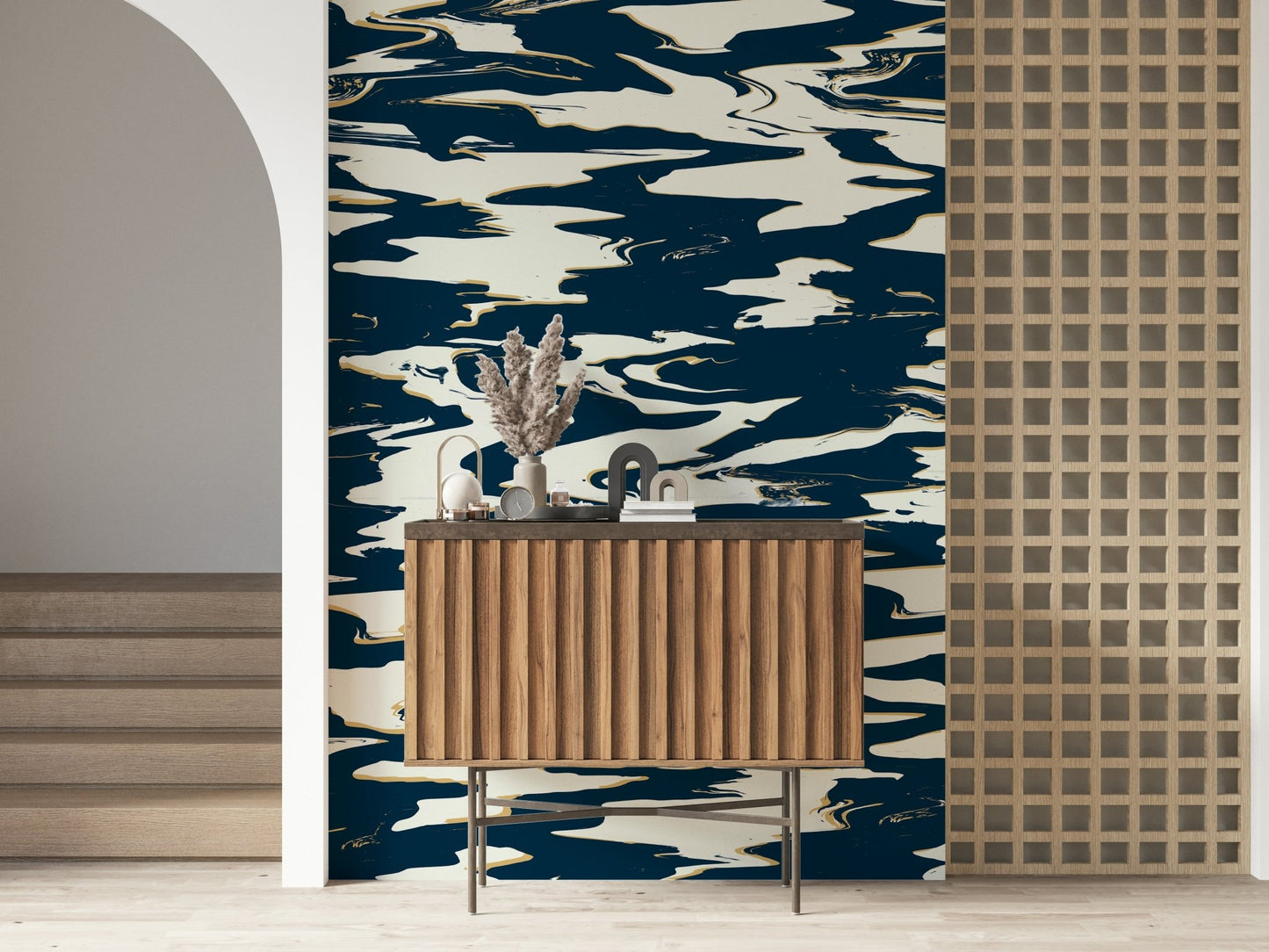 An artistic minimalist form mural for home decor.