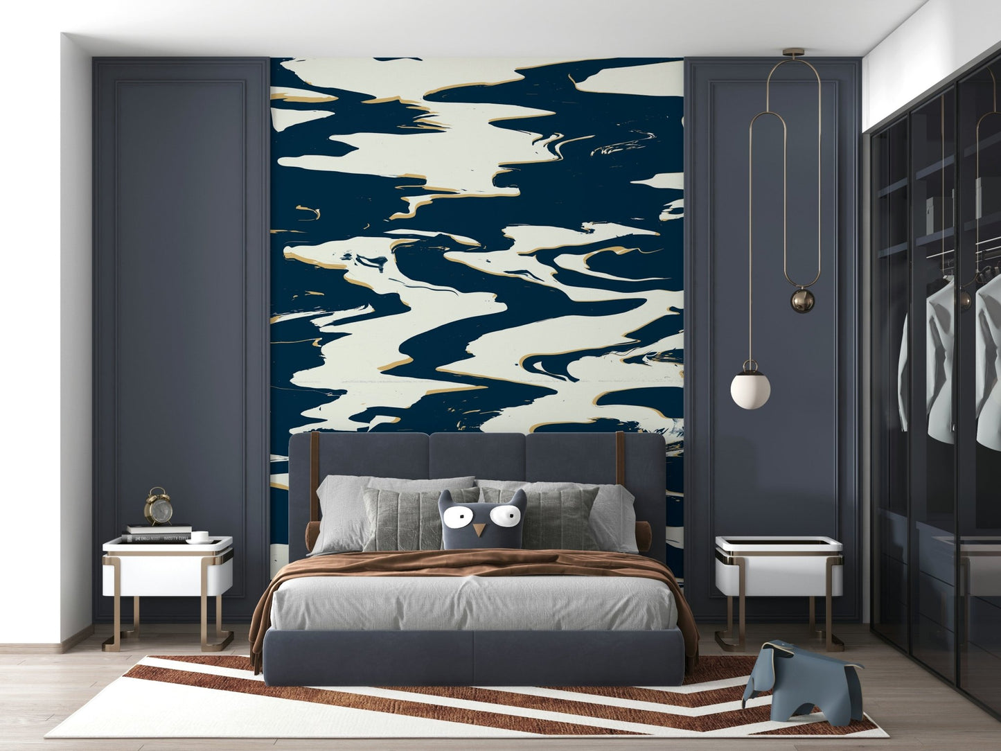 A peaceful modern abstract mural on decorative wallpaper.