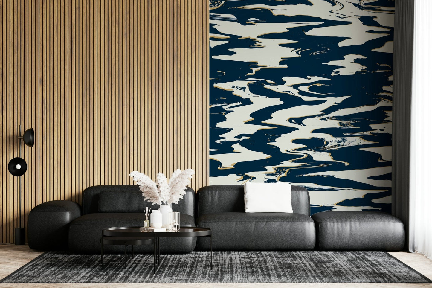 A calming abstract design wallpaper mural that defines a space.