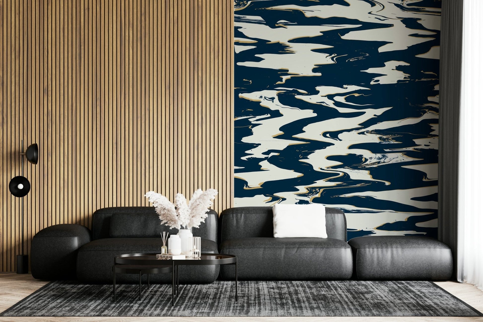 A calming abstract design wallpaper mural that defines a space.