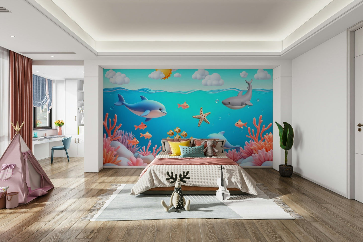 Serene underwater scene with gentle cartoon sea creatures

