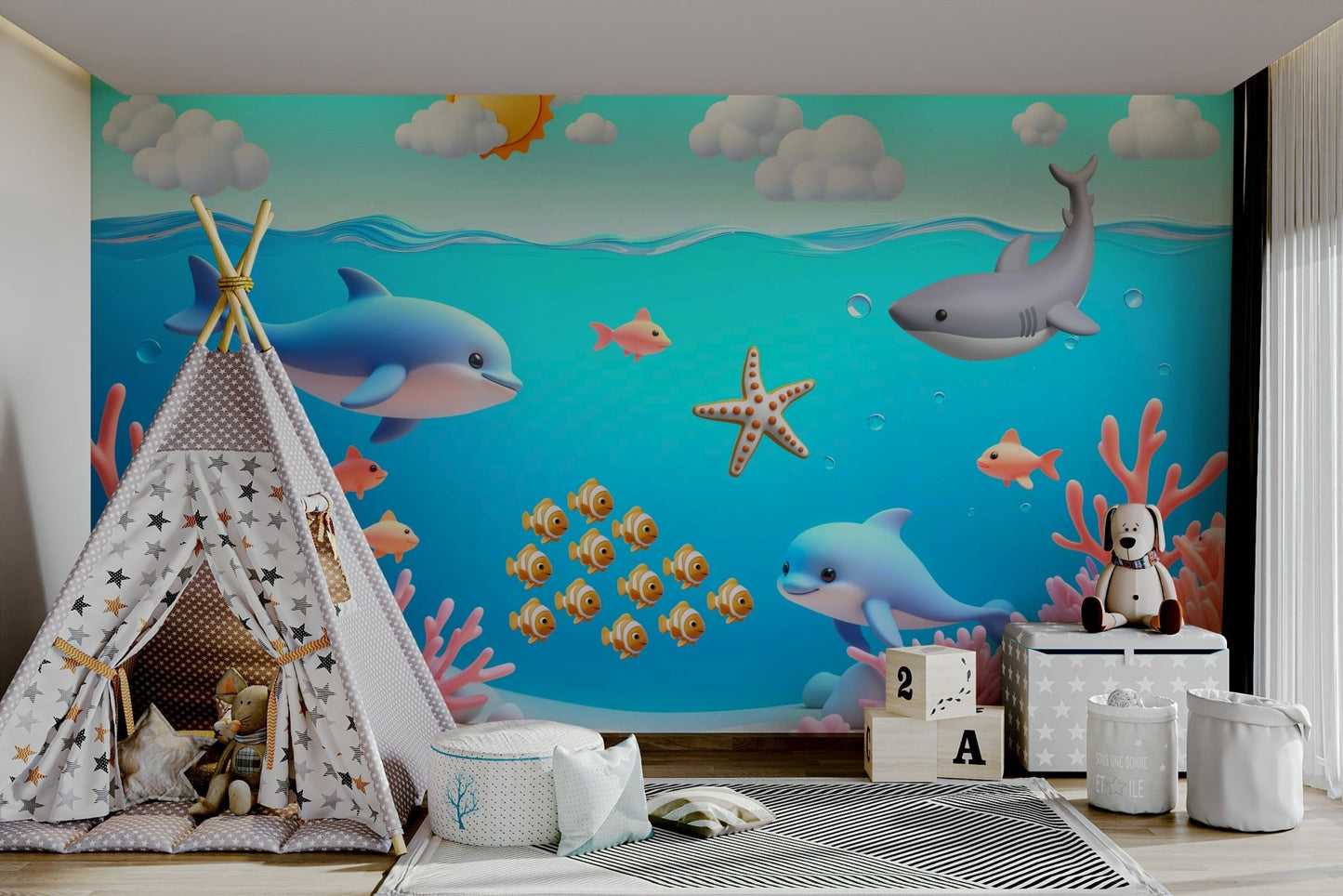 Wall mural with colorful coral and cartoon fish

