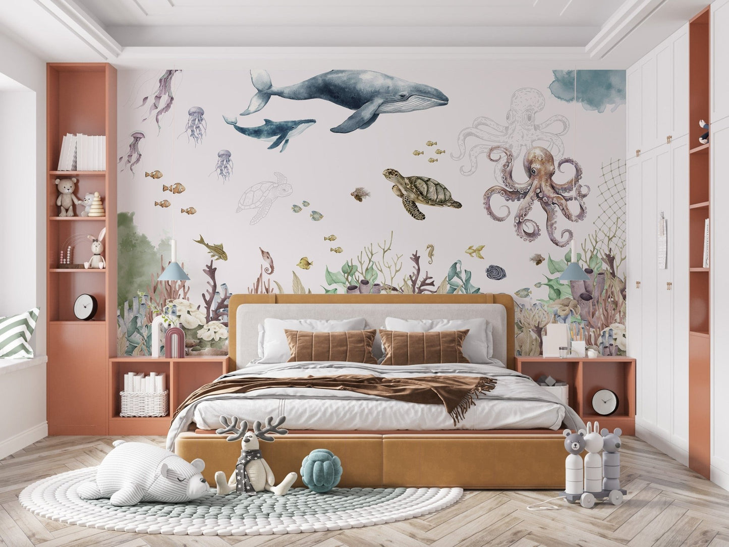 Ocean creatures wall mural design

