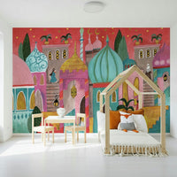 A peaceful open world mural on decorative wallpaper.