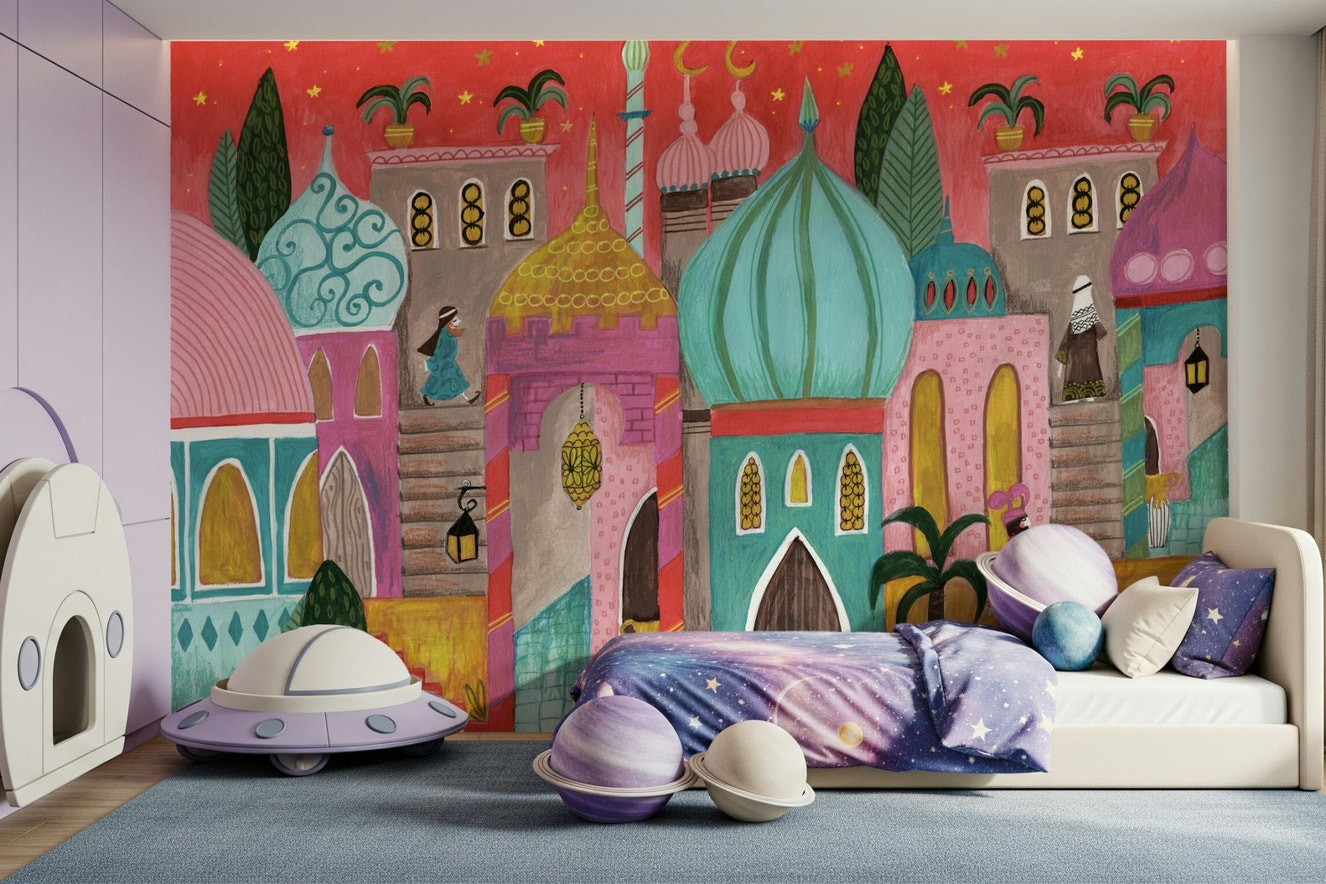 A beautiful Arabian Nights wallpaper mural with subtle, exotic light.