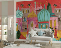 A beautiful wide-angle wall mural of a dreamy city.