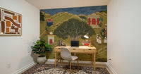 Indian miniature art mural showing elephants, courtiers, and palace architecture