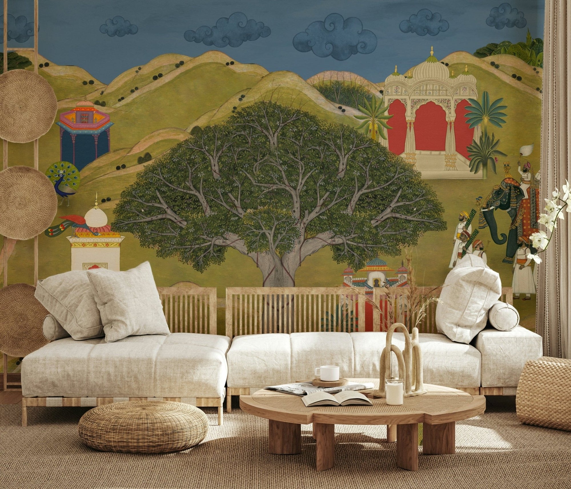 Heritage-style mural featuring royal procession and natural scenery, GD7553