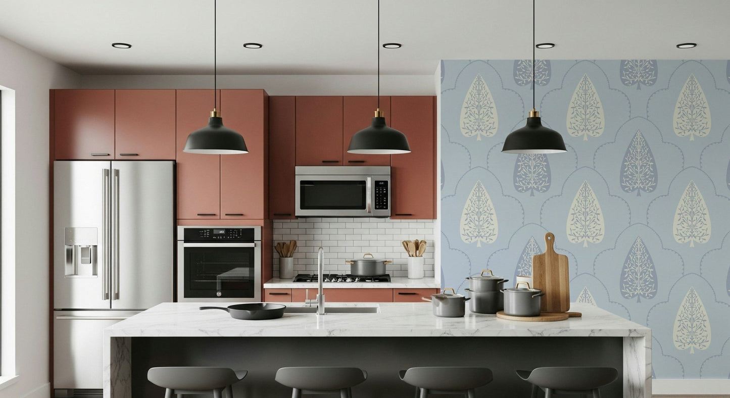 Arbor Branch Harmony wallpaper with soothing, powder blue background colour.