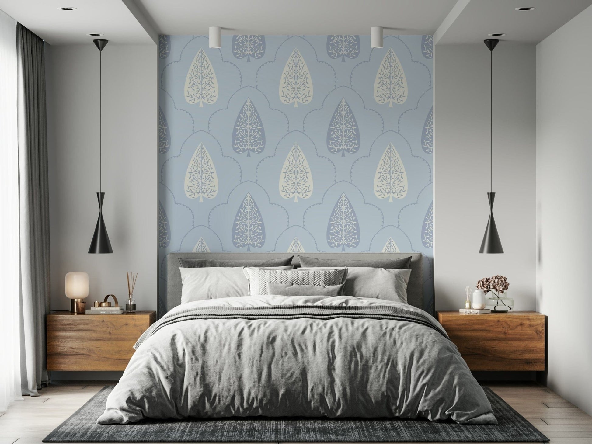 Pale periwinkle Arbor Branch Harmony wallpaper for restful main rooms.