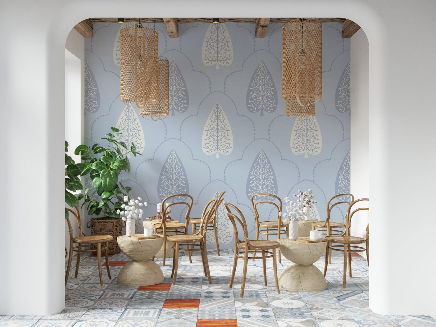 Offwhite vining leaf mural displaying intricate Arbor Branch Harmony patterns.