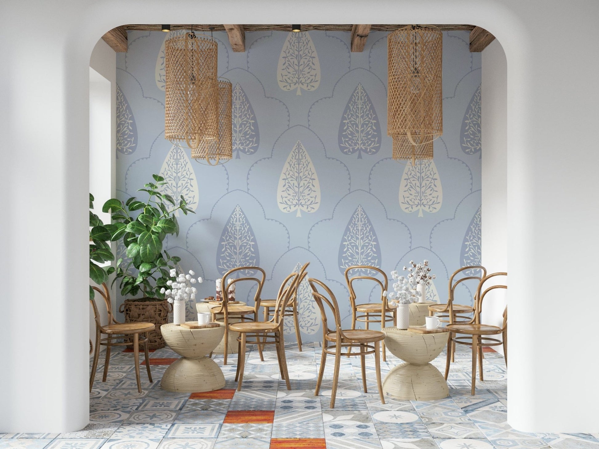 Offwhite vining leaf mural displaying intricate Arbor Branch Harmony patterns.