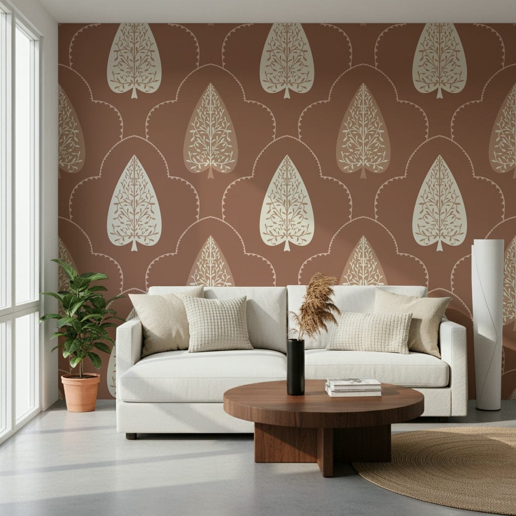 Muted terracotta color botanical design wall mural.