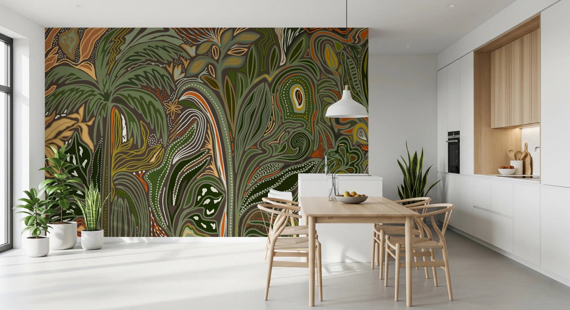 Dining area with Arboreal Reverie Wall Mural and a potted plant, GD8860