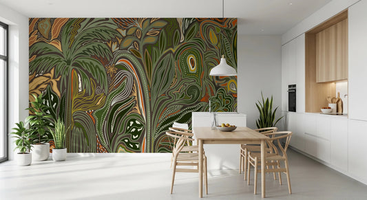 Dining area with Arboreal Reverie Wall Mural and a potted plant, GD8860