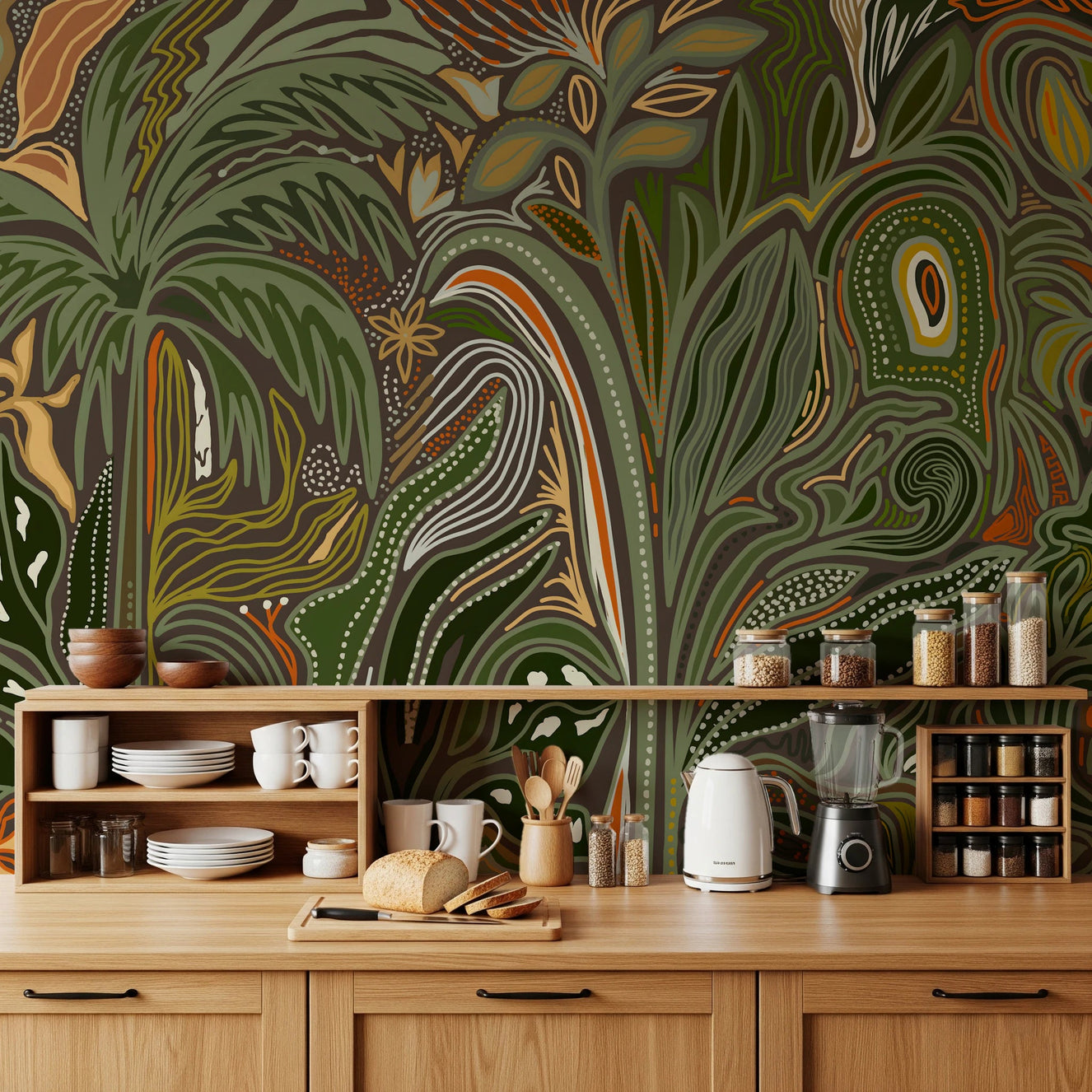 Kitchen with Arboreal Reverie Wall Mural above a wood counter and open shelving