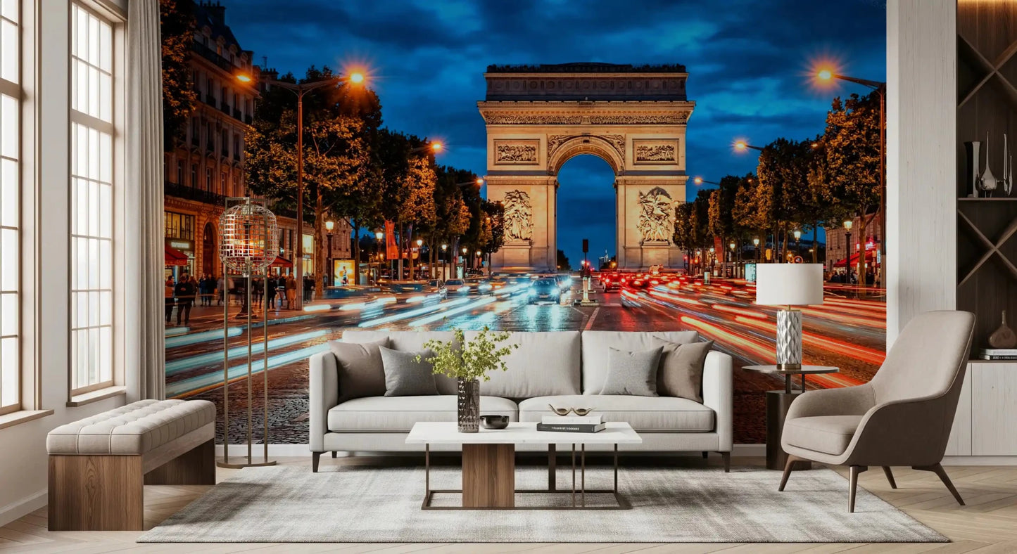 Paris Arc Evening wall mural with busy boulevard and monument lighting