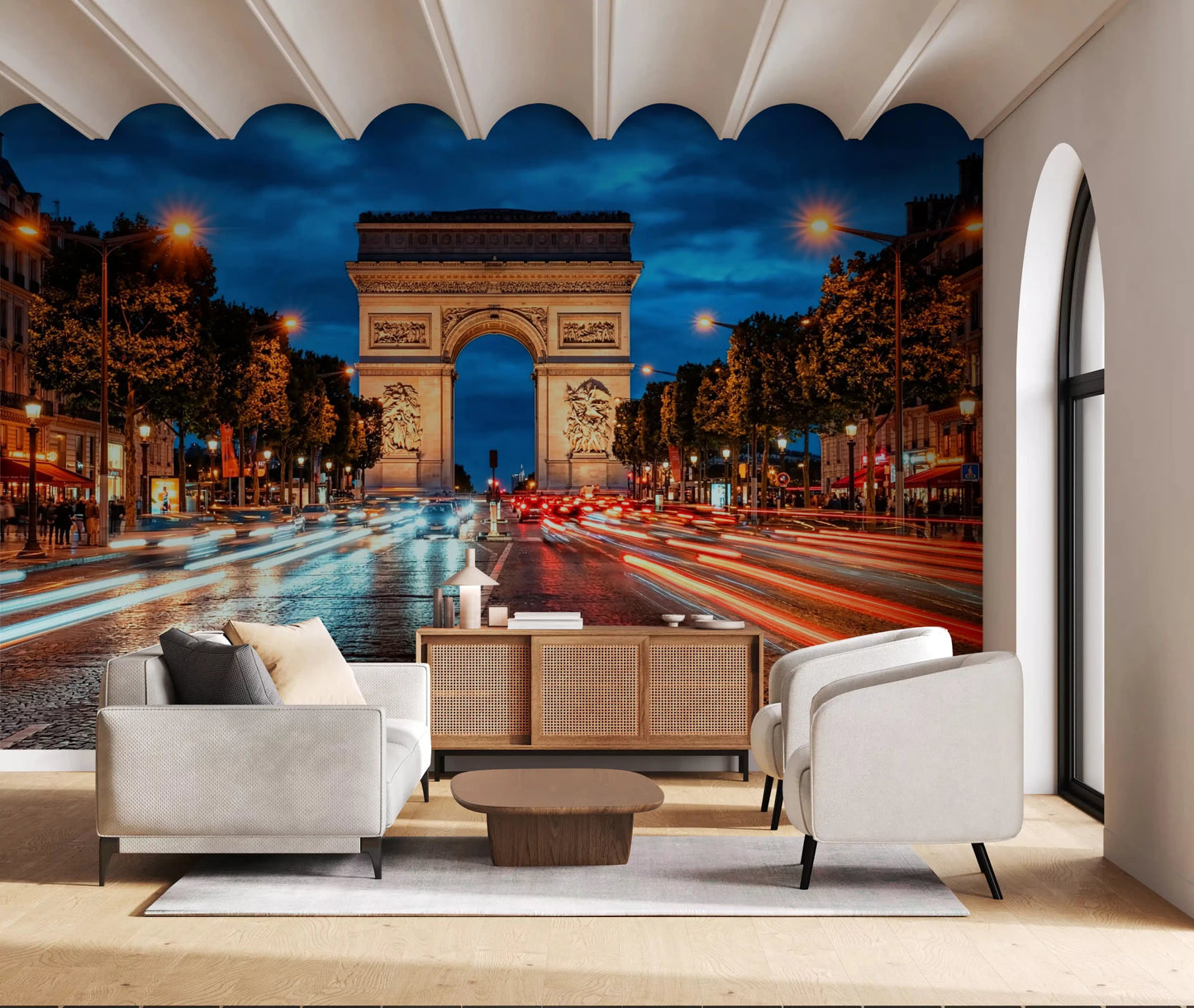 Urban Arc de Triomphe wall mural with red light trails and street view