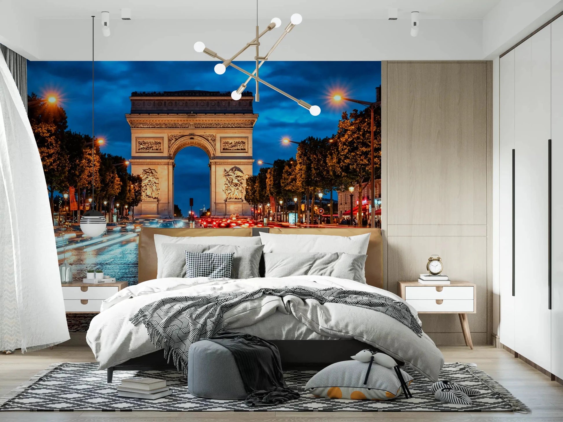 Bedroom Arc Evening Rush wall mural with lit Paris monument view