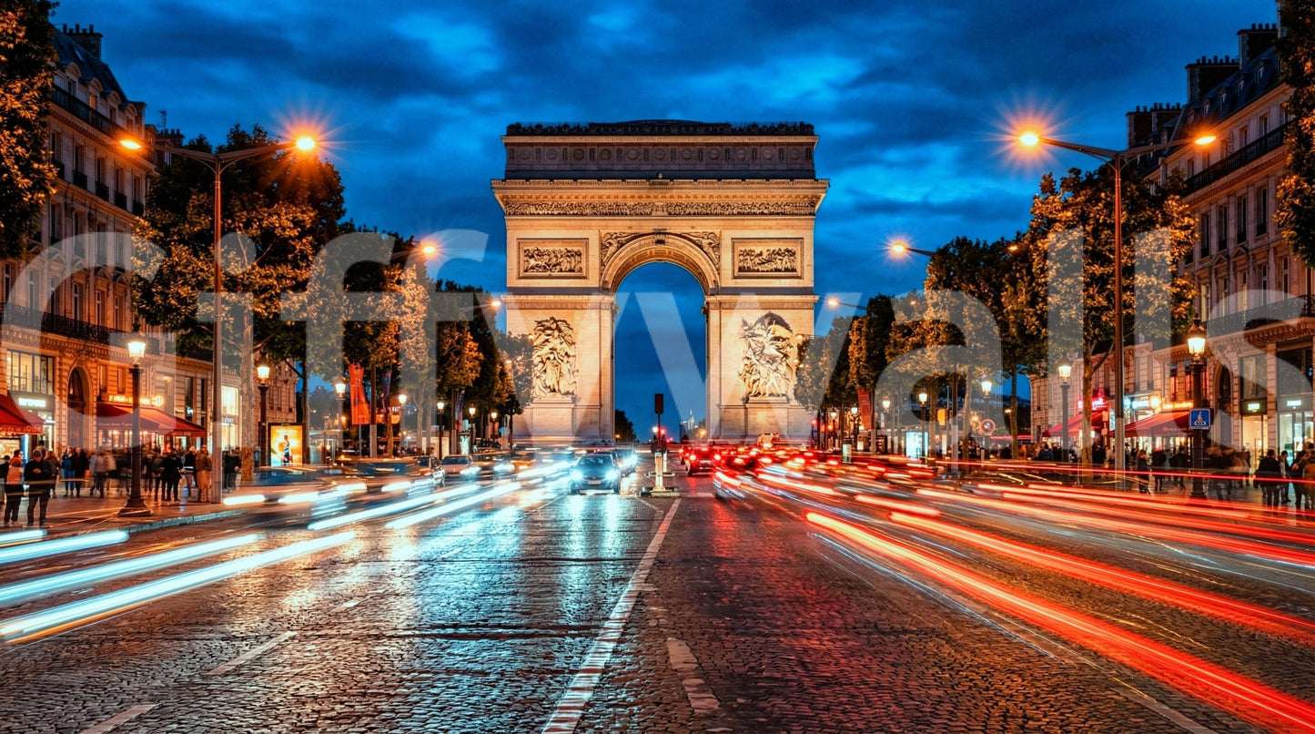 Scenic Evening Rush wall mural with Paris architecture and dusk atmosphere
