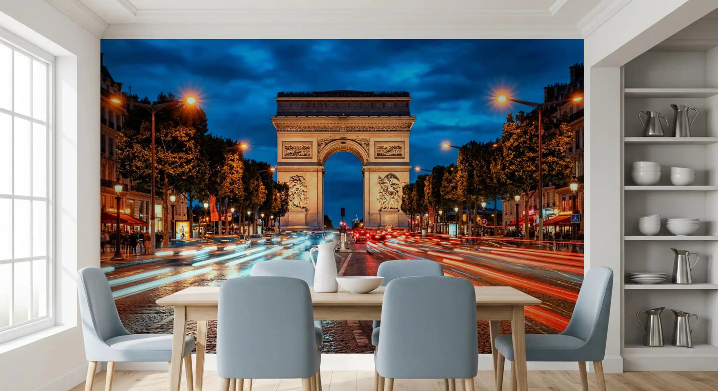 Triomphe Rush wall mural in dramatic night scene with illuminated arch